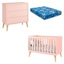 Ver imagem 1 de Berço Americano e Cômoda Infantil Gaveteiro Theo Rosa Pés Madeira Natural com Colchão – Reller
