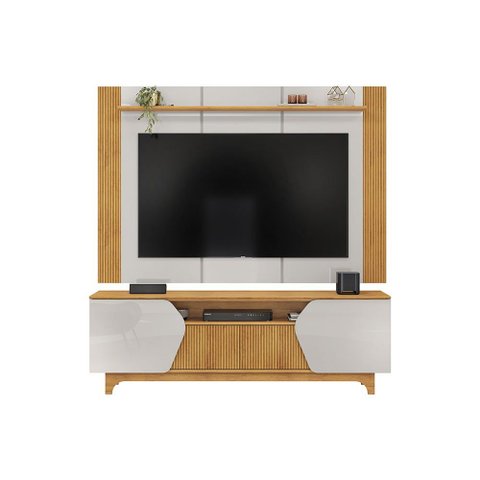 Painel e Bancada Tv 75" Rocha Ripado Canelado 4 Portas Bali/cedro G18 - Gran Belo