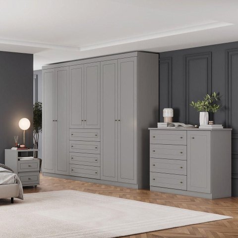 Quarto Casal com Guarda Roupa Comoda Mesas de Cabeceira Amy 7 Portas 12 Gavetas MDF-MDP Cinza