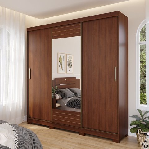 Guarda-Roupa Casal 3 Portas de Correr com Espelho e Pés 199cm 100% MDF Roma Espresso Móveis Marrom/Jequitiba