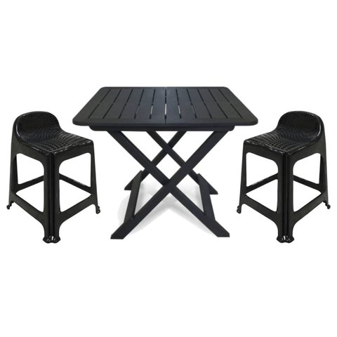 Mesa Quadrada Dobrável 80x72cm Preta + 2 Banquetas com Encosto