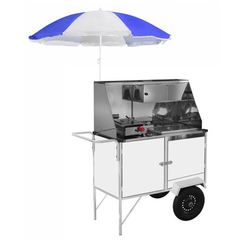 Carrinho 2 em 1 Cefaz Hot Dog e Lanche Luxo Branco com Rodas Pneumáticas e Guarda Sol Bl10p/gs