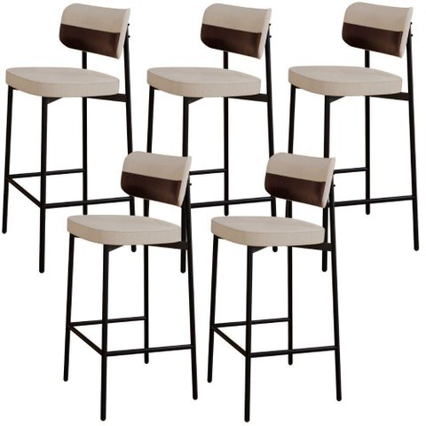 Kit 05 Banquetas Alta Bar Cozinha Sala de Jantar Aço Preto Kaira C01 Linho Areia Courino Café -