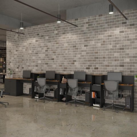 Conjunto de Escritório Noruega 3 Livreiro 1 Buffet e 4 Mesas 90cm - Via Nossa - Preto e Cedro