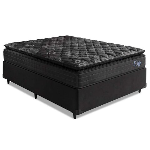 Cama Box Casal Colchão com Molas Ensacadas City Pillow Top 138x188x61cm Preto Hellen