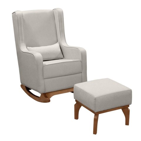 Poltrona Amamentação Balanço Retro Base Madeira com Puff Valentina Linho Bege - Mirra Decor