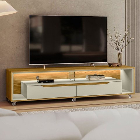 Rack para Tv até 65 Polegadas Lapislazzuli 2 Gavetas com Vidro e Led Cedro/off White - Pnr Móveis