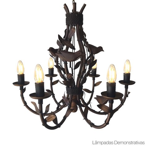 Lustre Rústico Ouro Velho com Folhas e Pássaros de Madeira