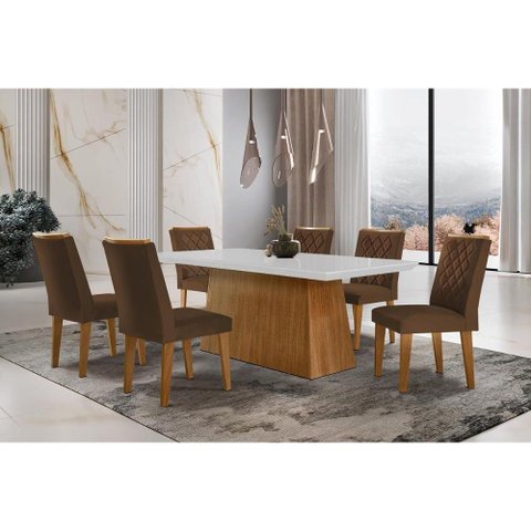 Sala de Jantar Completa Luna C/ Tampo Vidro Canto Curvo 180x90cm e 6 Cadeiras Jade Imbuia/off White