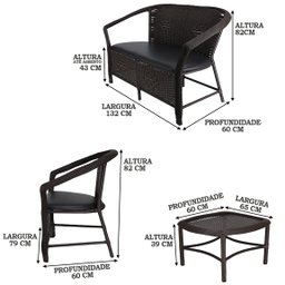 Conjunto Namoradeira 2 Poltronas Assento Estofado e Mesa Fibra Sintética - Preto/Tabaco - Navegantes - 3