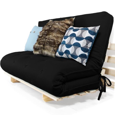 Sofa Cama Casal Futon Oriental Preto Acquablock com Madeira Maciça