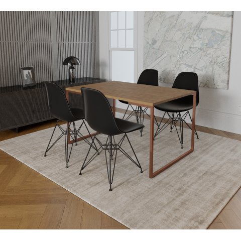 Mesa Industrial Base Ferro Cobre Tampo 137x90 Amendoa 4 Cadeiras Eames Ferro Preto Assento Preto