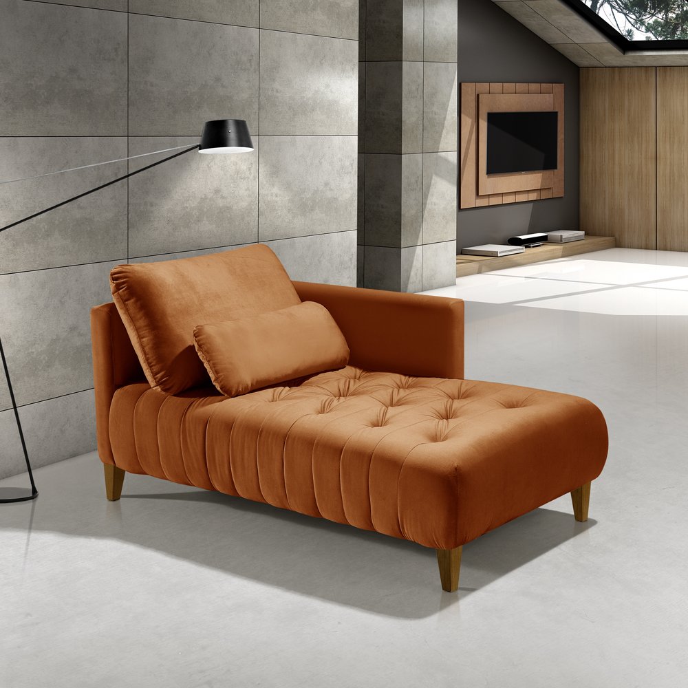 Poltrona Chaise Long B466 braço lado direito pés castanhos tecido