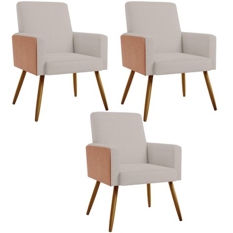 Kit 03 Poltronas Decorativa Maria W01 Pés Palito Linho Bege Couríssimo Camel - Lyam Decor