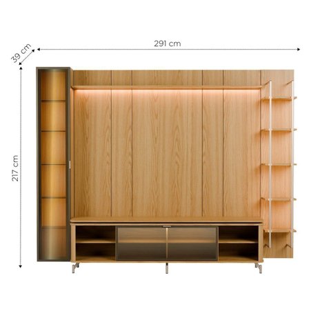 Estante para TV Home Theater 85" 100% MDF Vidro Reflecta LED 291cm Prateleiras Cristaleira Carvalho