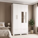 Ver imagem 1 de Guarda-Roupa Solteiro 4 Portas, 4 Gavetas, Pés e Espelho MDF Cambori Branco