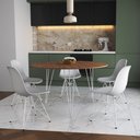 Ver imagem 1 de Mesa Jantar Redonda 110cm Amêndoa Clips 3 Pés com 5 Cadeiras Eames Eiffel Brancas Ferro Branco