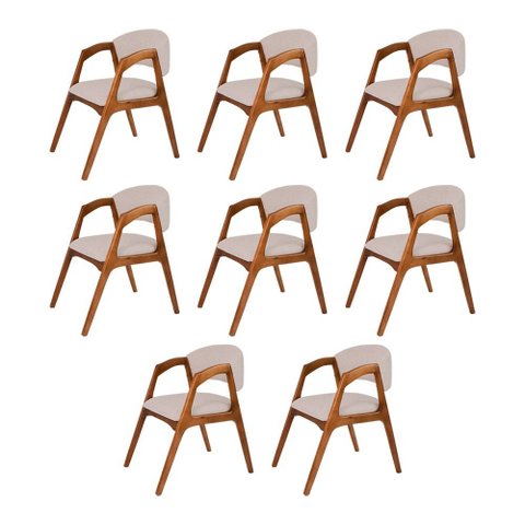 Conjunto com 8 Cadeiras de Jantar Estofada Gabriela em Madeira e Mdf Cerejeira Linho Bege