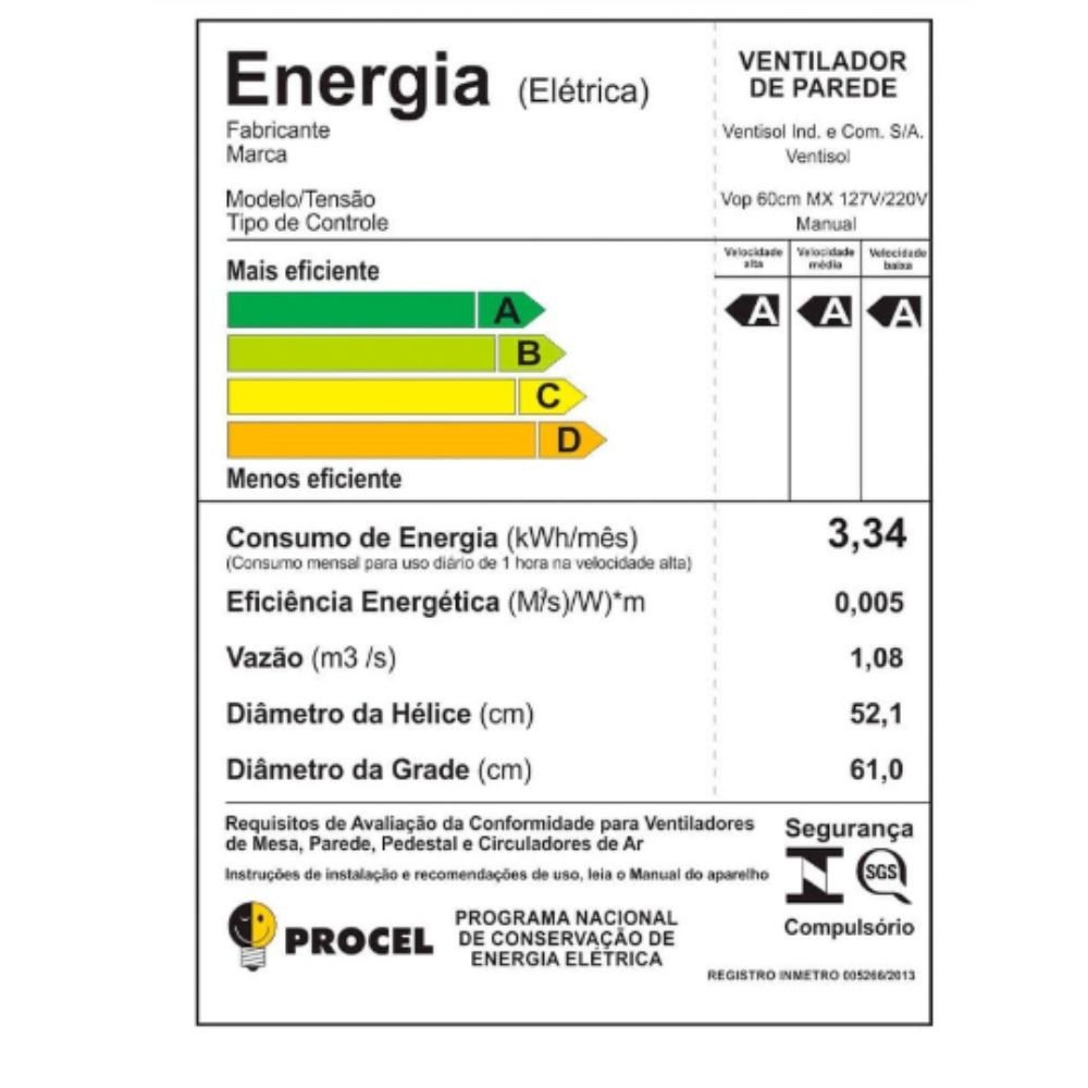 Ventilador Parede Ventisol 60.cm Preto Grade Preta Bivolt - 3