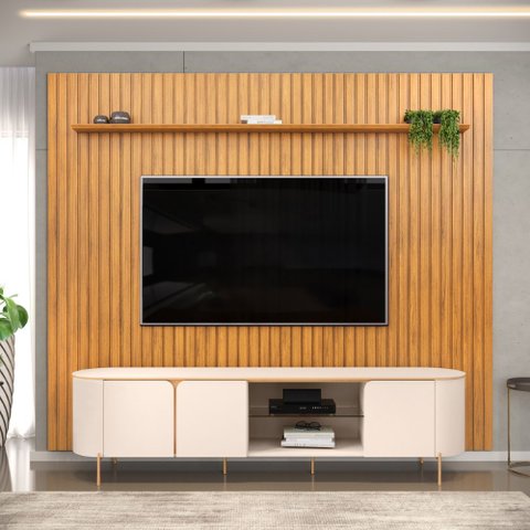 Conjunto com Bancada Ariana e Painel Ripado 275cm Trento Sala de Estar Off White Cedro DJ Móveis