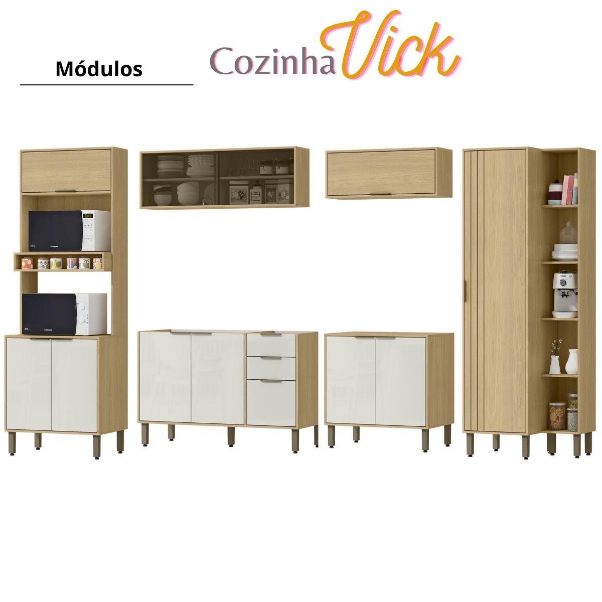 Cozinha Modulada Completa Vick 6 Peças Castanho Off White - 3