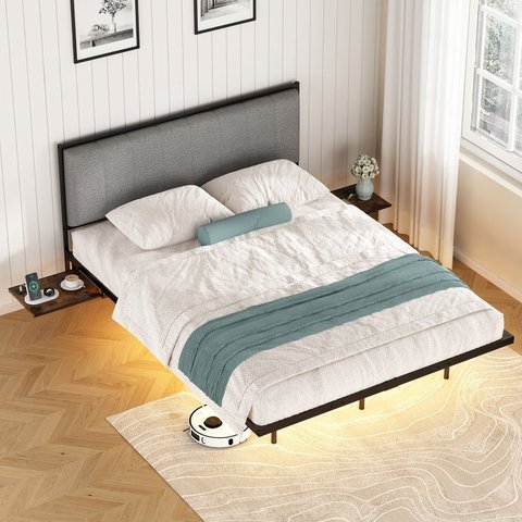 Cama Casal Flutuante com Cabeceira Estofada e Mesa Lateral Retrátil com Tomada Usb e Type-c