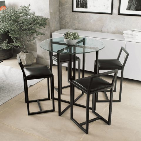 Conjunto Mesa 4 Cadeiras Estofado Tampo Vidro Redondo Industrial Black