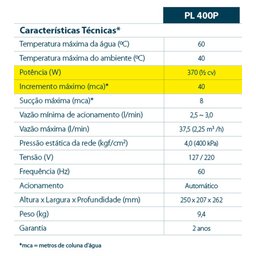 Pressurizador de Água Pl400p Lorenzetti Bivolt 370w 1/2 Cv - 8