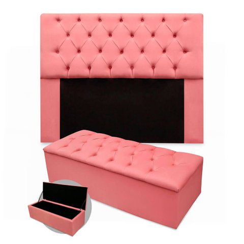 Kit Cabeceira + Calçadeira Baú Mirage King Size 195cm Suede - Ecotec Decor:Rosa