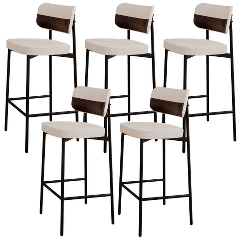 Kit 05 Banquetas Alta Bar Cozinha Sala de Jantar Aço Preto Kaira C01 Linho Palha Courino Café - Lyam