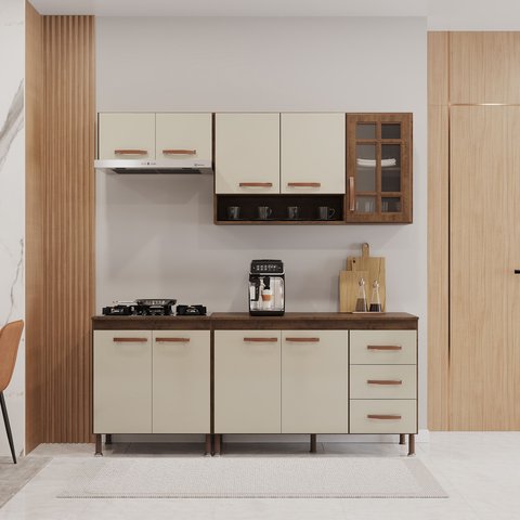 Cozinha Modulada Compacta Fidelitá Lisboa 4 Peças 190cm 9 Portas 3 Gavetas com Tampo
