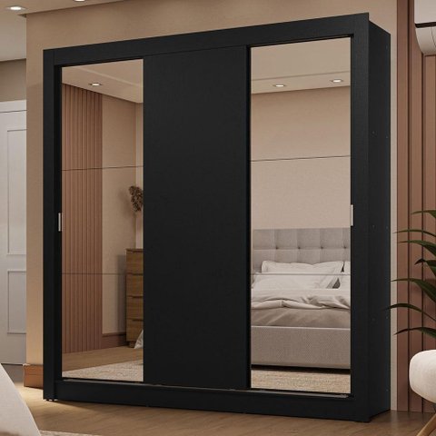 Guarda-roupa Casal 3 Portas de Correr com Espelhos 2 Gavetas Preto Sublime Madesa Preto