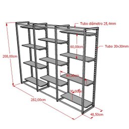 Conjunto Estante Cremalheira Central Com 11 Prateleiras Para Loja - Comac - Branco/Preto - 2