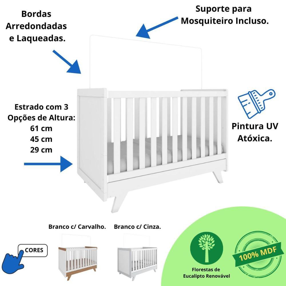 Quarto Bebê Retrô Janelado Completo com Guarda Roupa 4 Portas Berço Mini Cama Cômoda 4 Gavetas M - 10