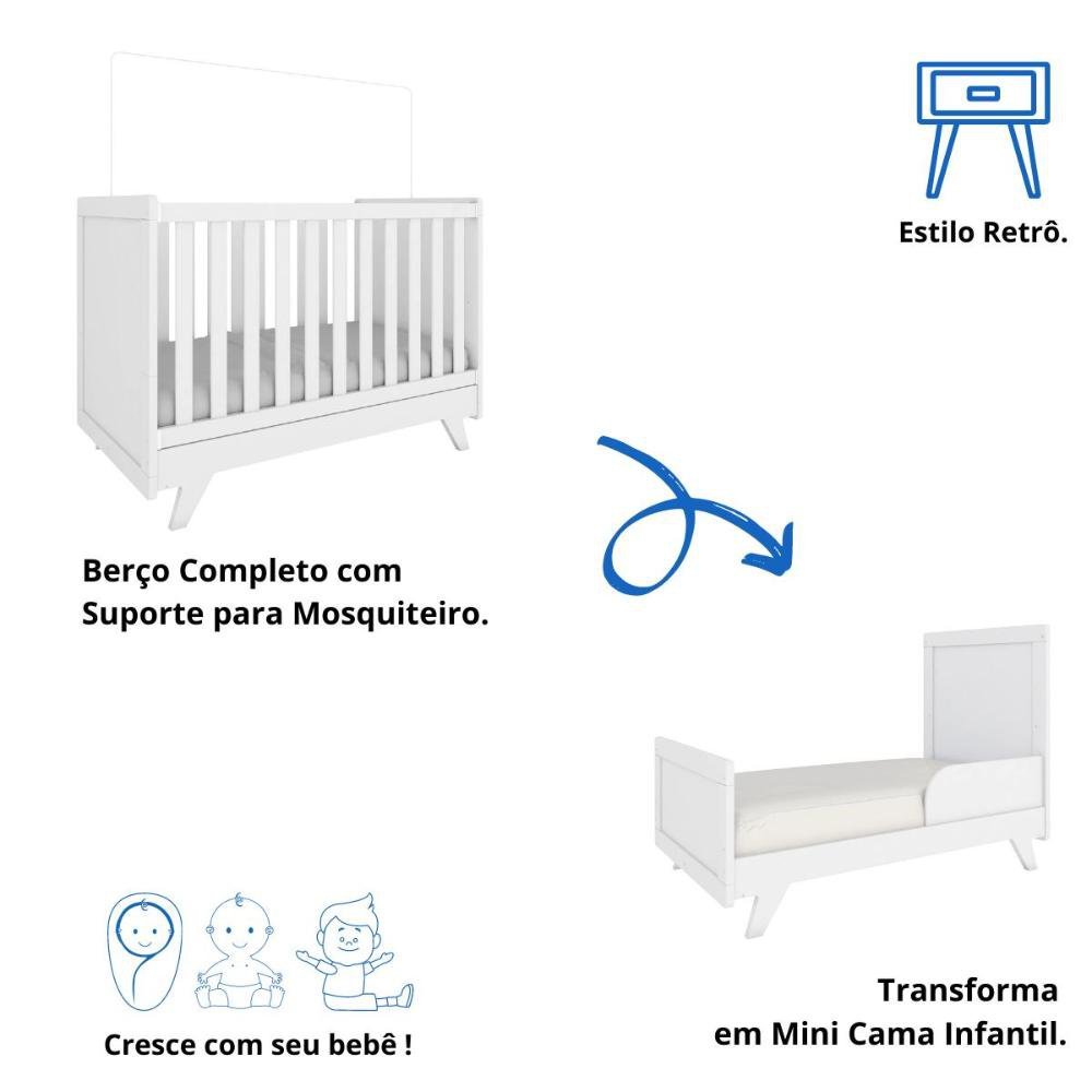 Quarto Bebê Retrô Janelado Completo com Guarda Roupa 4 Portas Berço Mini Cama Cômoda 4 Gavetas M - 11