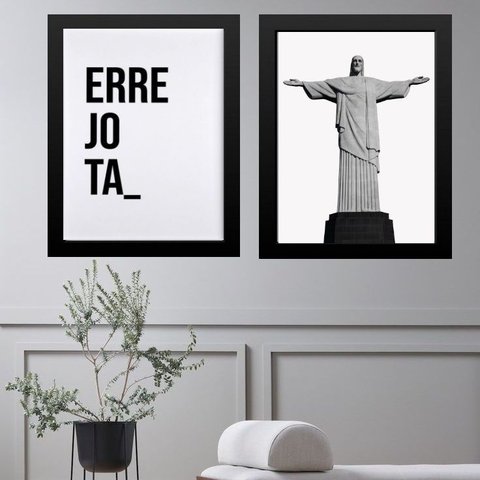 Kit 2 Quadros Rio de Janeiro - Errejota Cristo Redentor 45x34cm - com Vidro:moldura Preta
