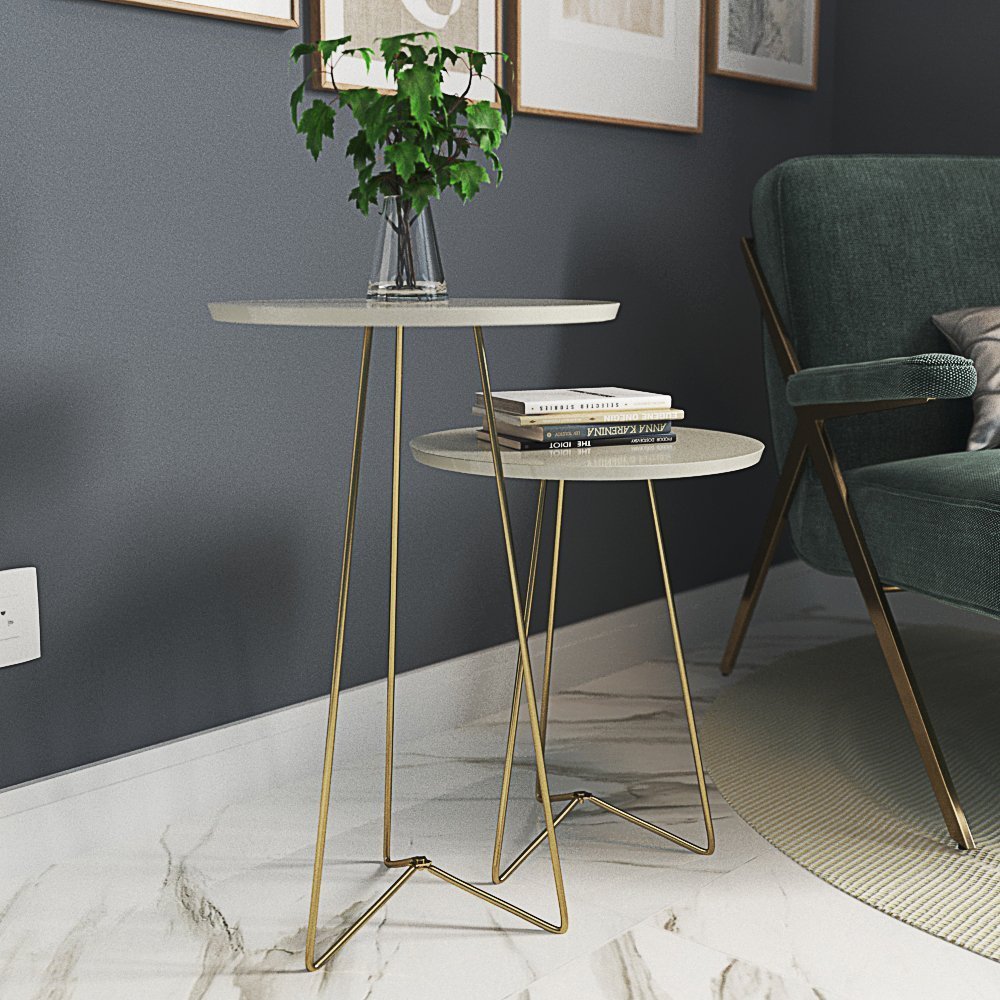 Conjunto de Mesa Apoio e Lateral Estilo Industrial Dourado:Branco - 2