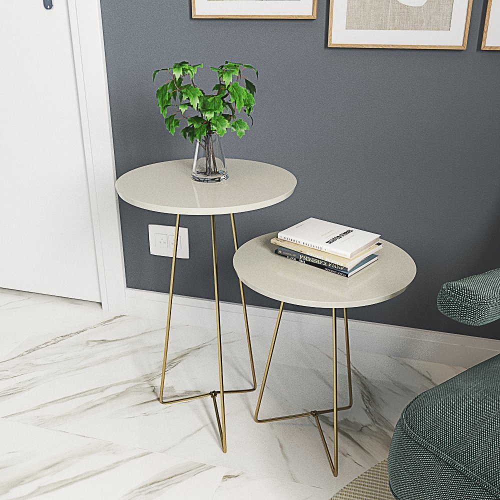 Conjunto de Mesa Apoio e Lateral Estilo Industrial Dourado:Branco - 3