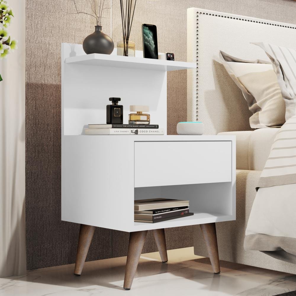 Mesa de Cabeceira para Quarto com 1 Gaveta e Pés Retrô Sleep - Branco