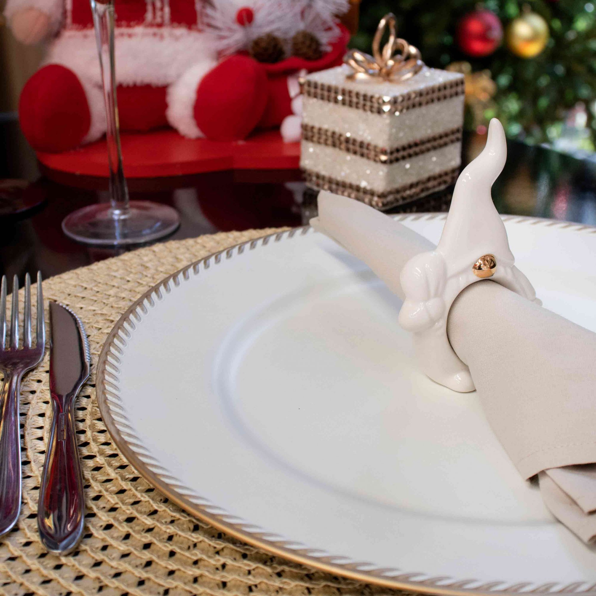Porta Guardanapo Papai Noel Cerâmica Branco Dourado 11,5x7x3 D'Rossi DRossi - 2