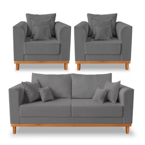 Kit Sofá 3 Lugares e 2 Poltronas Beny Viena Com Almofadas Decorativa Linho Grafite - Madeira Prima D