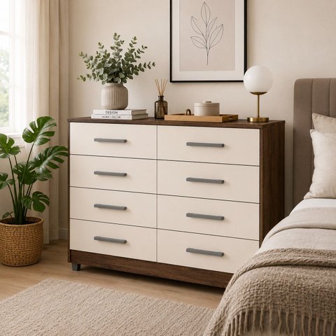Cômoda Chocolate Off White 8 Gavetas para Quarto Casal e Solteiro