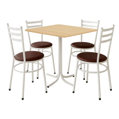 Conjunto Mesa Branca 70x70cm Tampo Pinus com 4 Cadeiras Epoxi