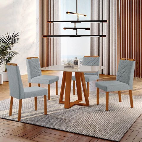 Conjunto Sala de Jantar Mesa Floripa Madeira Maciça 90x90cm Tampo Quadrado Vidro Off White com 4 Cad