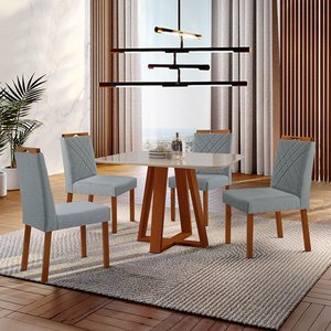 Conjunto Sala de Jantar Mesa Floripa Madeira Maciça 90x90cm Tampo Quadrado Vidro Off White com 4 Cad