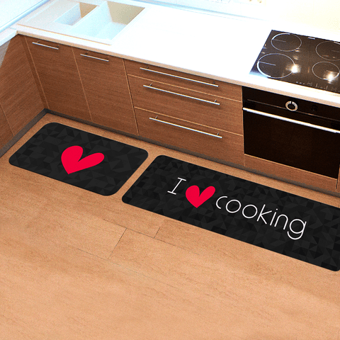 Kit Tapete de Cozinha 2 Peças I Love Cooking Preto