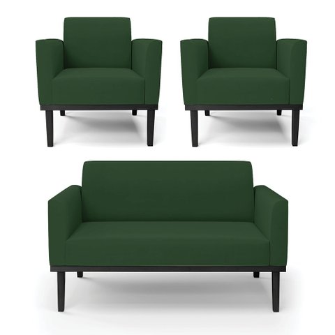 Sofá Namoradeira com 2 Poltronas Base de Madeira Fixa Preto Marisa Veludo Verde D03 - D’Rossi