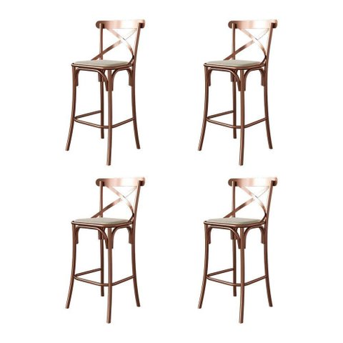 Kit 4 Banquetas Katrina Assento em Corano Base Fixa com Encosto em Aco Bege para Cozinha