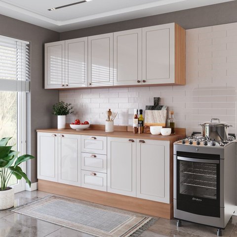 Cozinha Pérola 200cm 4 Peças com Rodapé e Tampo Off White/Freijó Yescasa