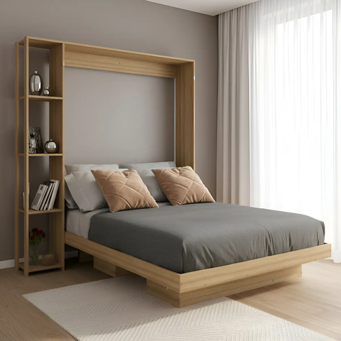 Cama Casal Dobrável Articulada com Nichos e Prateleiras Amêndoa - Tecno Mobili